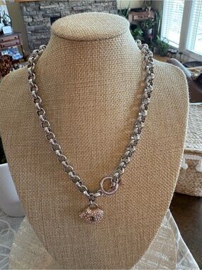 Vintage Pamela Anderson Silver and Pink Gold Heart Toggle Necklace